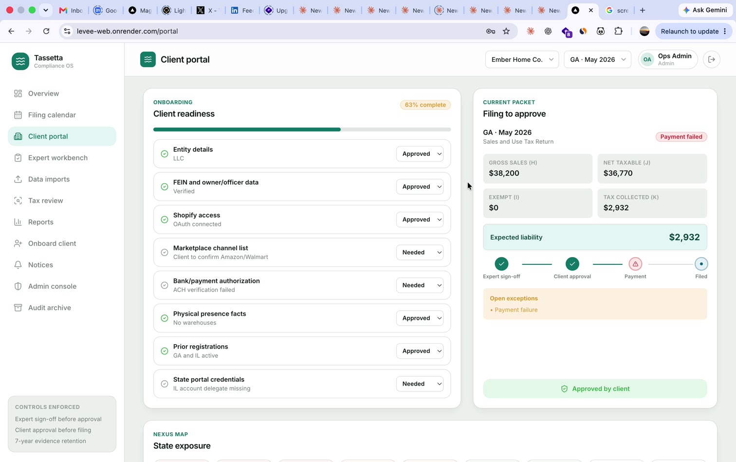 The Tassetta client portal, showing the readiness checklist and the current filing packet waiting for one-click approval.
